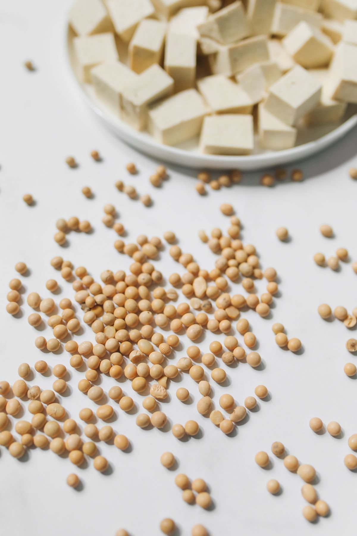 Tofu picado e grãos de soja em superfície branca